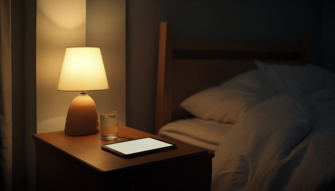 Nachttisch mit Wasserglas und einer kleinen Tablette bei gedämpftem Lampenlicht im Schlafzimmer