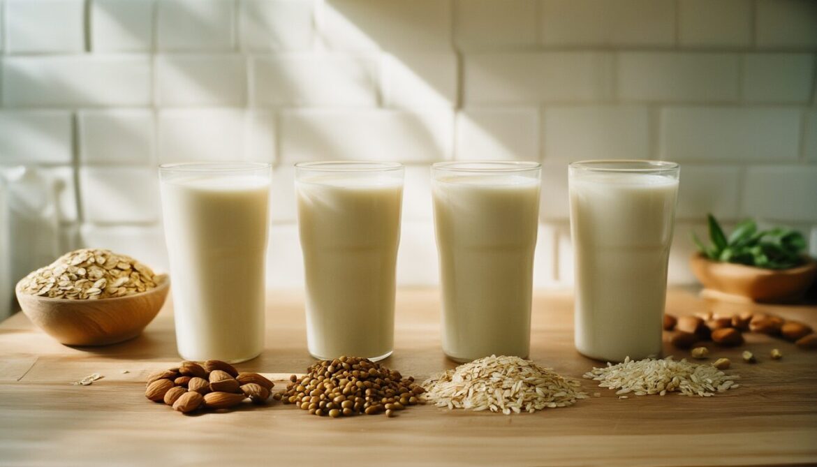 Vier Gläser Pflanzenmilch nebeneinander mit Haferflocken, Sojabohnen, Mandeln und Reis auf einer hellen Küchenarbeitsplatte