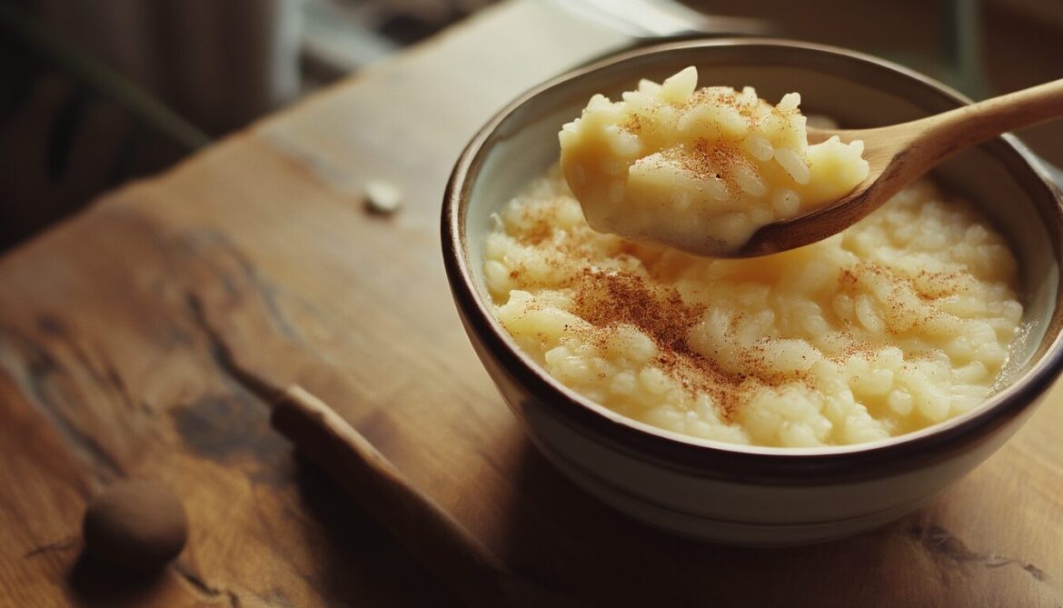 Schüssel cremiger Milchreis mit Zimt und Zucker, ein Holzlöffel hebt eine Portion an