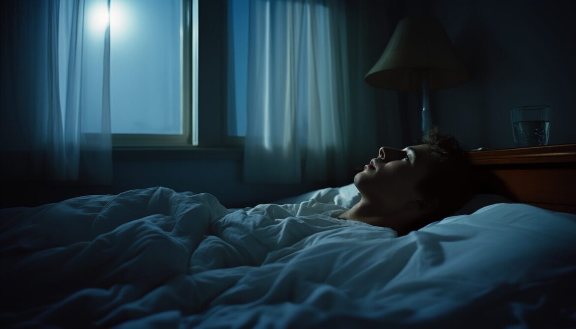 Person liegt nachts wach im Bett und schaut zur Decke, gedämpftes Mondlicht fällt durch das Schlafzimmerfenster