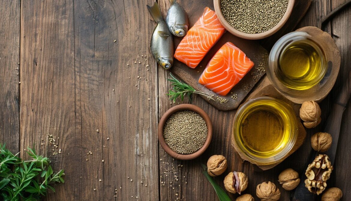 Omega-3-reiche Lebensmittel auf einem Holztisch: Lachs, Hering, Leinsamen, Chiasamen, Walnüsse und Leinöl