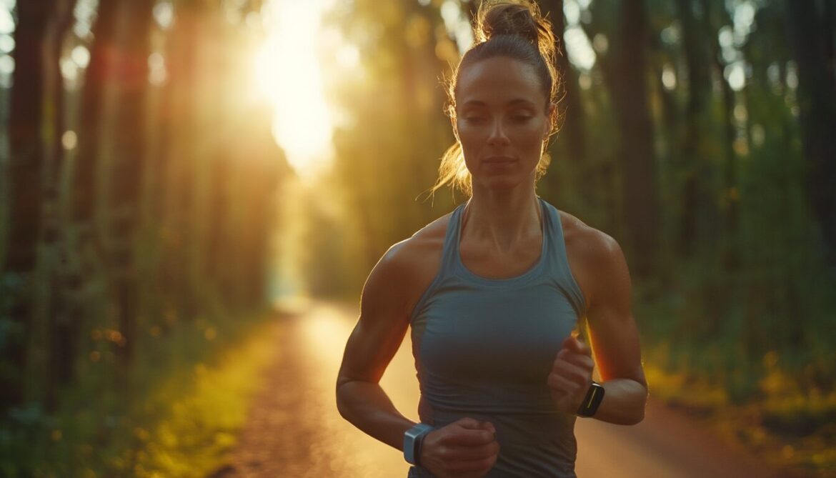 Joggerin überprüft während einer Laufpause ihren Puls auf der Sportuhr im Wald