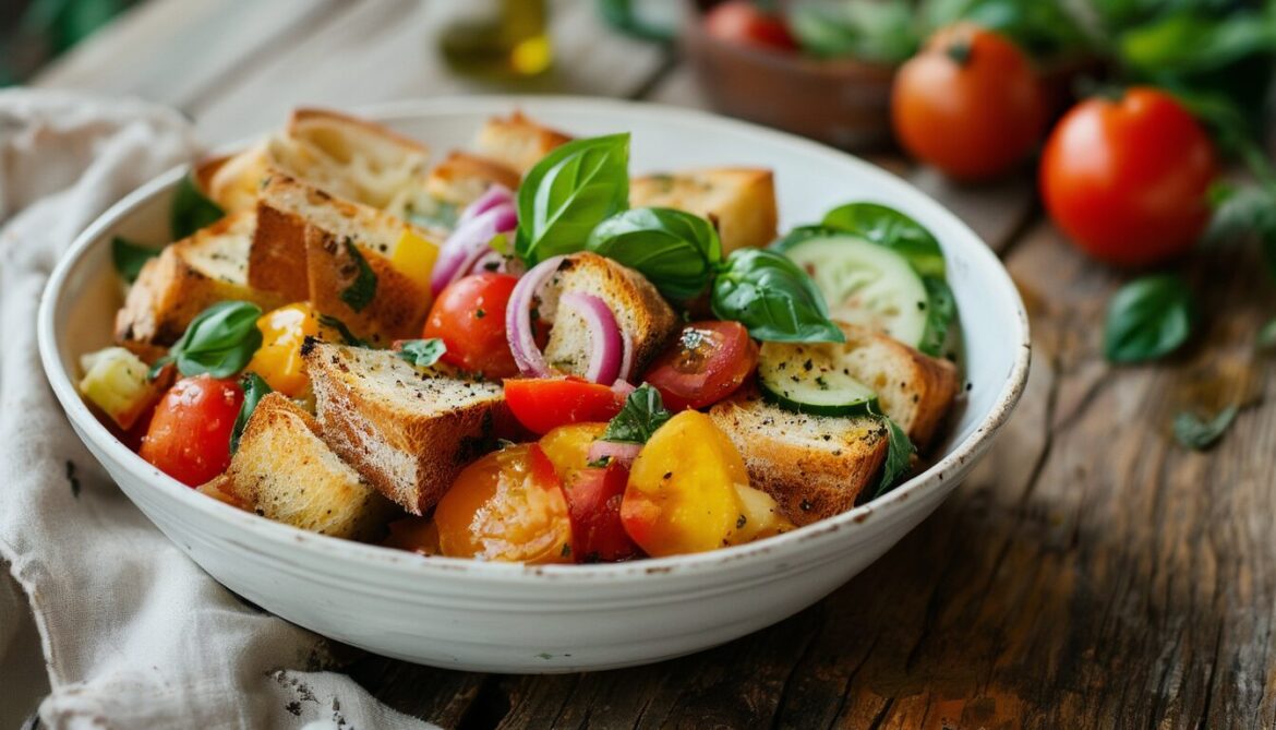 Panzanella italienischer Brotsalat mit Tomaten, geroestetem Brot und Basilikum in einer weissen Schuessel