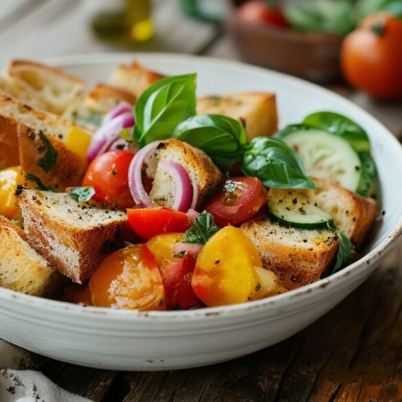 Panzanella italienischer Brotsalat mit Tomaten, geroestetem Brot und Basilikum in einer weissen Schuessel