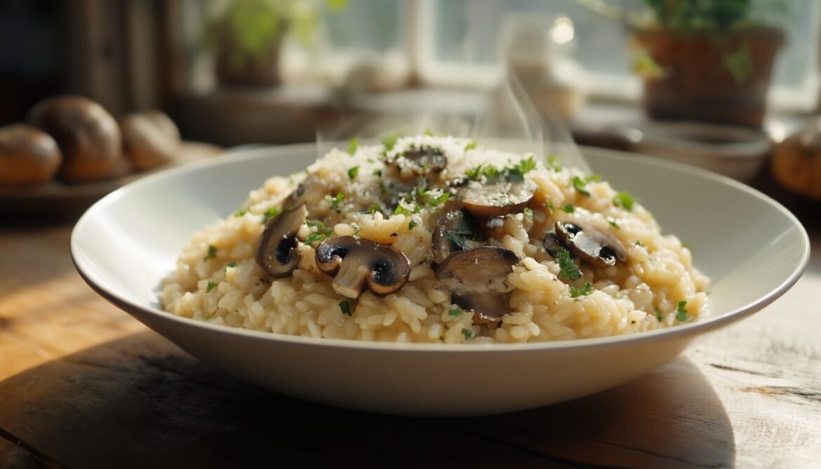 Cremiges vegetarisches Pilzrisotto mit Champignons und Petersilie in einer weißen Schale