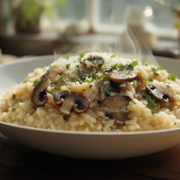 Cremiges vegetarisches Pilzrisotto mit Champignons und Petersilie in einer weißen Schale
