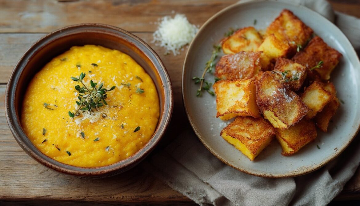 Cremige Polenta in einer Schale neben knusprig gebratenen Polenta-Ecken mit Thymian und Parmesan