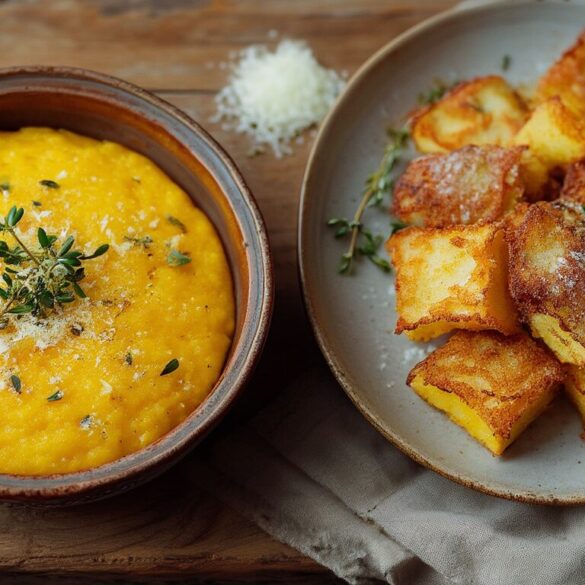 Cremige Polenta in einer Schale neben knusprig gebratenen Polenta-Ecken mit Thymian und Parmesan