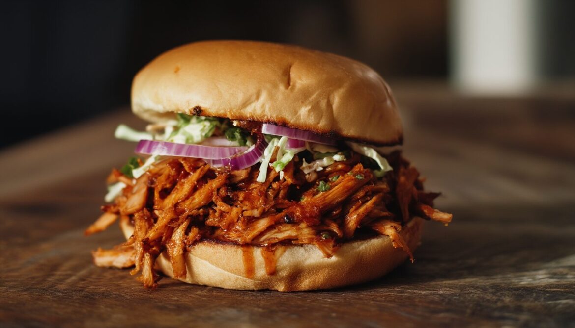Saftige BBQ-Pulled-Jackfruit mit fein gezupften Fasern auf einem Burgerbrötchen mit Krautsalat