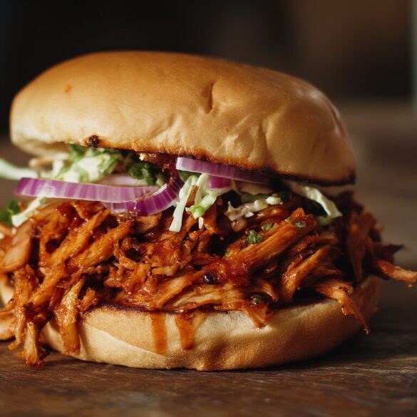 Pulled Jackfruit zubereiten: der fruchtige Fleischersatz für Burger und Tacos Saftige BBQ-Pulled-Jackfruit mit fein gezupften Fasern auf einem Burgerbrötchen mit Krautsalat