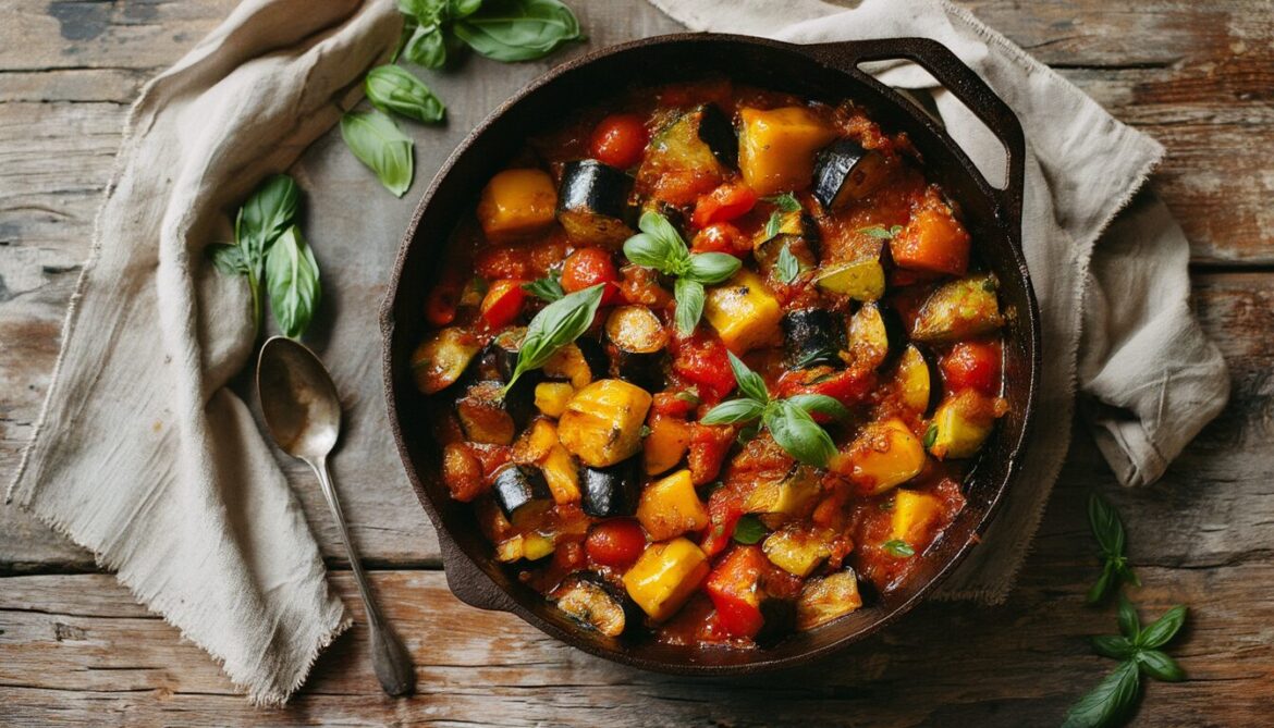 Rustikaler Gusseisentopf mit buntem veganem Ratatouille aus Aubergine, Zucchini, Paprika und Tomaten, garniert mit frischem Basilikum.