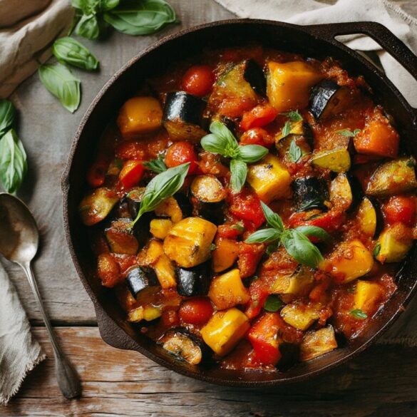 Rustikaler Gusseisentopf mit buntem veganem Ratatouille aus Aubergine, Zucchini, Paprika und Tomaten, garniert mit frischem Basilikum.