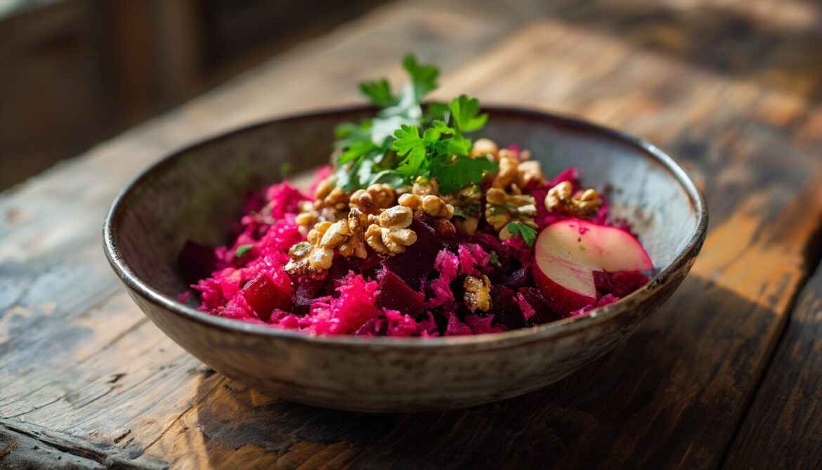 Rote-Bete-Salat mit geraspeltem Apfel, Meerrettich und Walnüssen in einer Schüssel