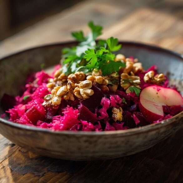 Rote-Bete-Salat mit geraspeltem Apfel, Meerrettich und Walnüssen in einer Schüssel