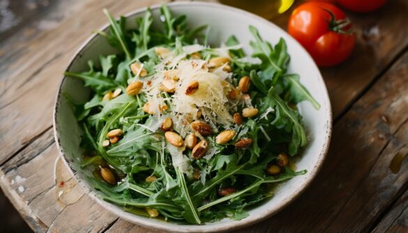 Frischer Rucola-Salat mit dünnen Parmesan-Spänen und gerösteten Pinienkernen in einer weißen Schüssel
