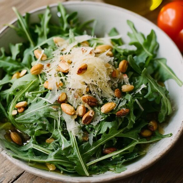 Frischer Rucola-Salat mit dünnen Parmesan-Spänen und gerösteten Pinienkernen in einer weißen Schüssel