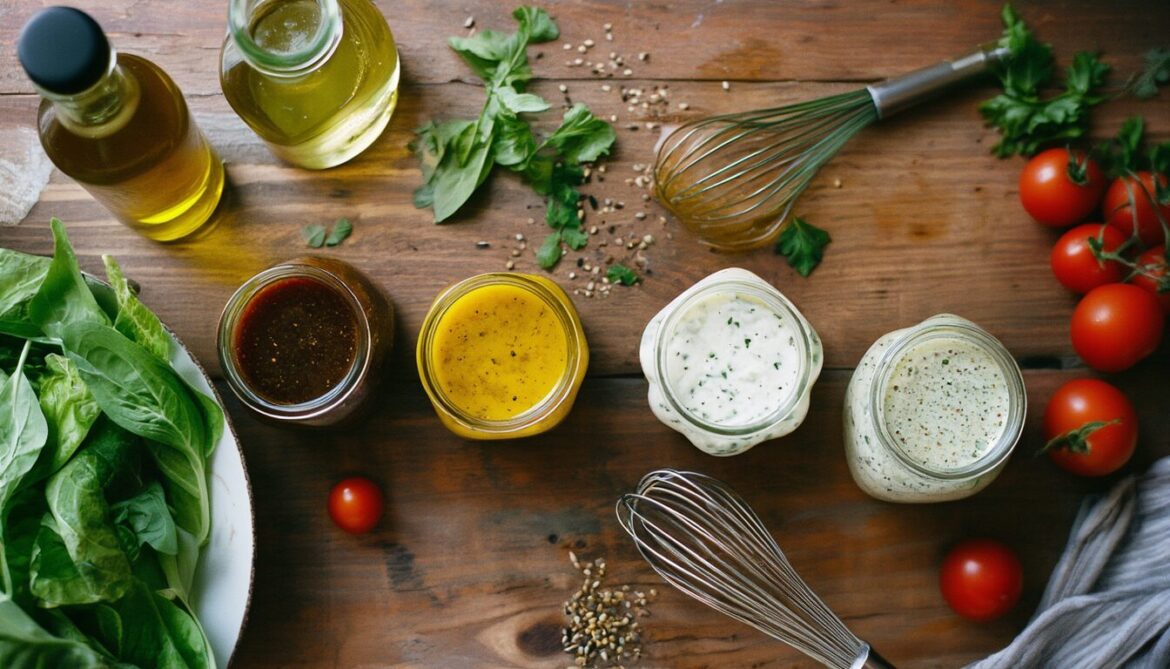 Fünf selbstgemachte Salatdressings in kleinen Gläsern mit frischen Salatzutaten auf einem Holztisch