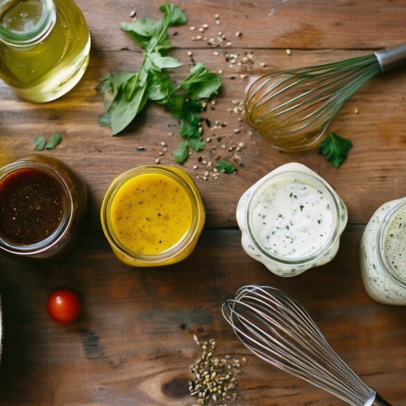 Fünf selbstgemachte Salatdressings in kleinen Gläsern mit frischen Salatzutaten auf einem Holztisch