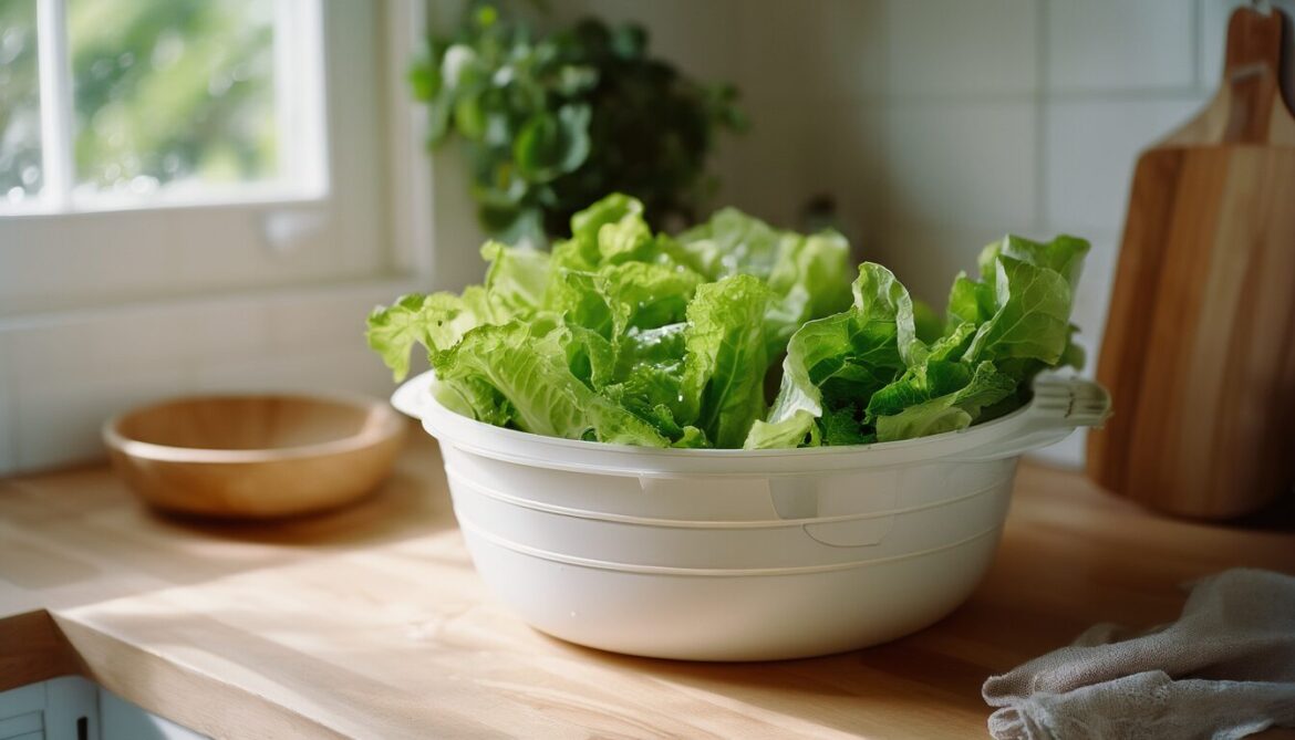 Salatschleuder mit frisch gewaschenem grünem Blattsalat auf einer hellen Küchenarbeitsplatte