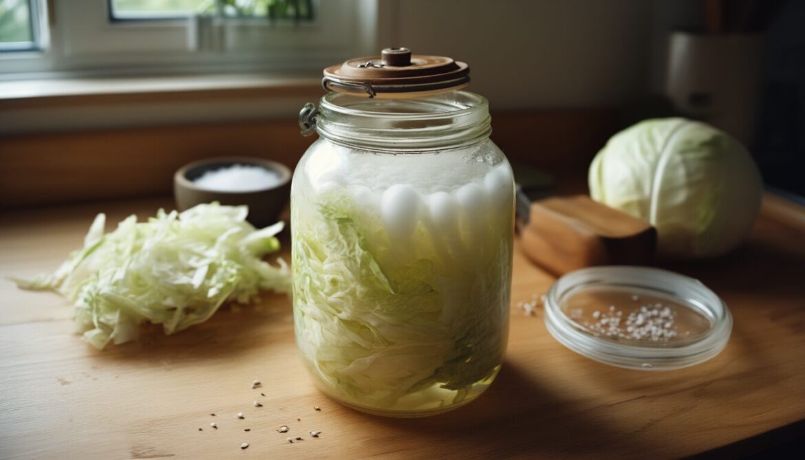 Einliterglas mit gehobeltem Weißkohl unter Lake beim Fermentieren, daneben halbierter Kohlkopf, Krauthobel und Schale mit Salz
