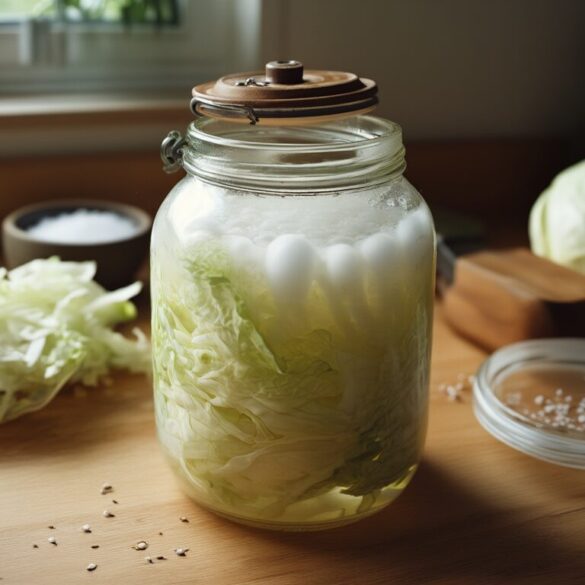 Einliterglas mit gehobeltem Weißkohl unter Lake beim Fermentieren, daneben halbierter Kohlkopf, Krauthobel und Schale mit Salz