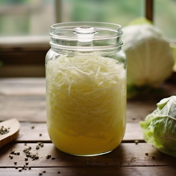 Selbst gemachtes Sauerkraut aus Weißkohl im Glas beim Fermentieren, daneben ein Kohlkopf und ein Krauthobel