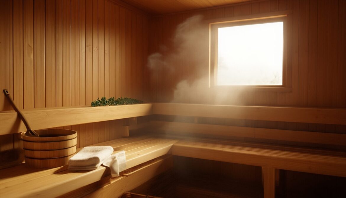 Warme finnische Holzsauna mit Saunakelle auf dem Aufgusseimer, Handtuch und aufsteigendem Dampf im warmen Licht