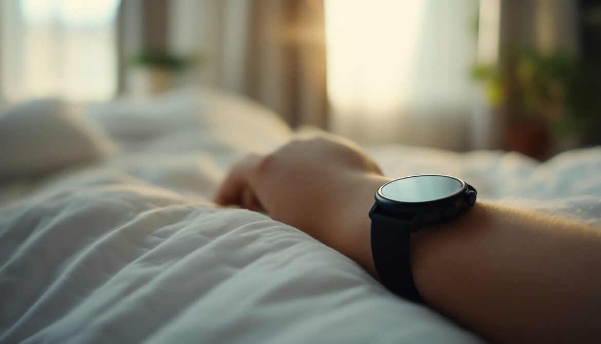 Smartwatch am Handgelenk auf der Bettdecke im Morgenlicht zur Schlafmessung