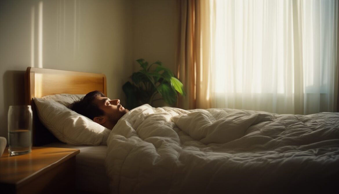Person schläft entspannt in Seitenlage in einem hellen, ruhigen Schlafzimmer am Morgen