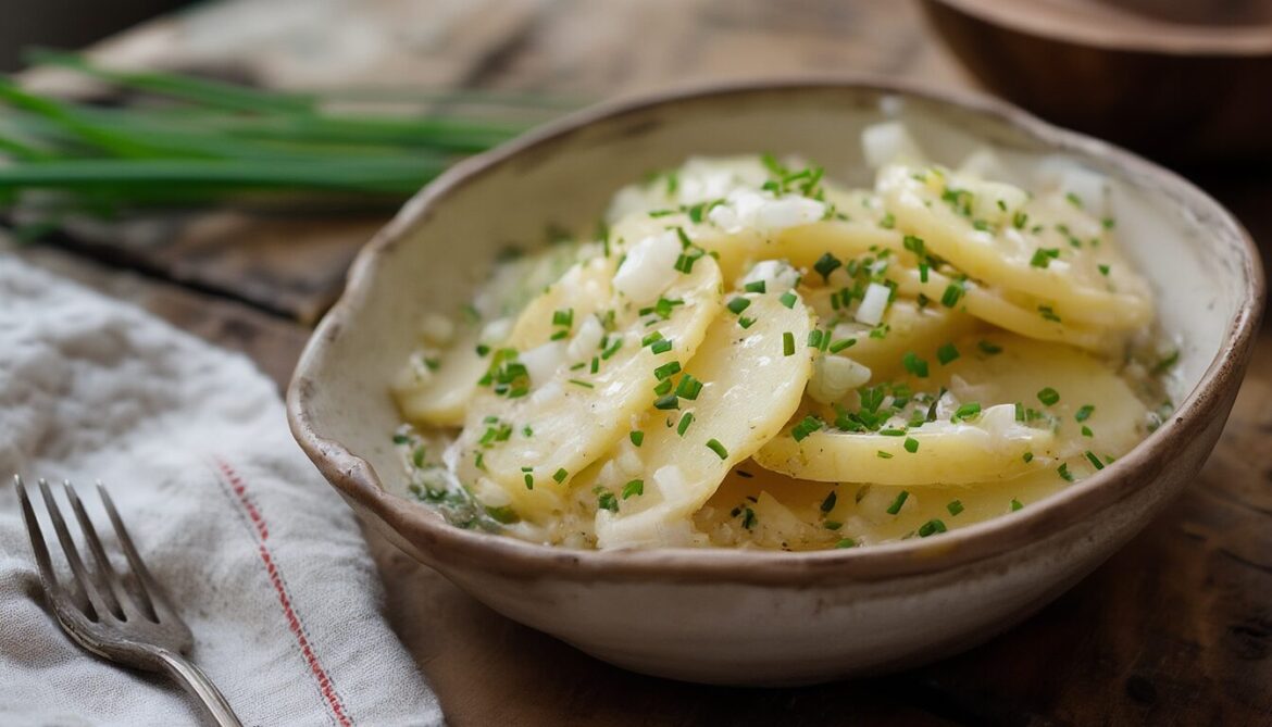 Schwäbischer Kartoffelsalat mit Brühe in einer Keramikschüssel, mit Schnittlauch bestreut