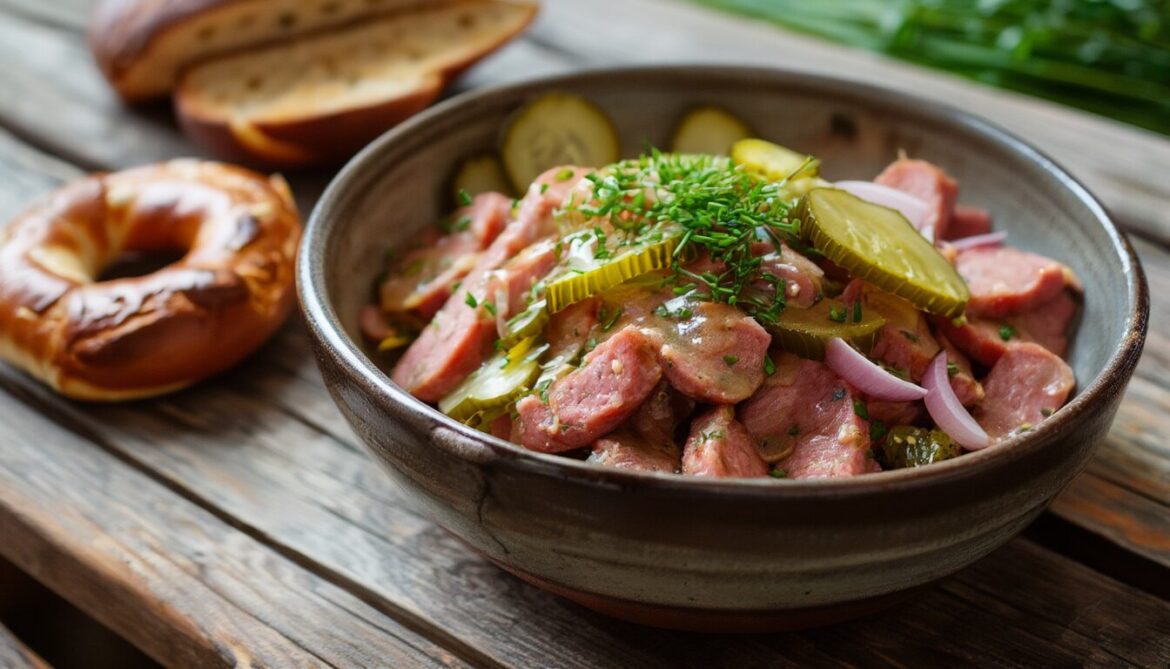 Schwäbischer Wurstsalat mit Fleischwurst, Zwiebelringen und Schnittlauch in einer Schüssel, dazu eine Brezel