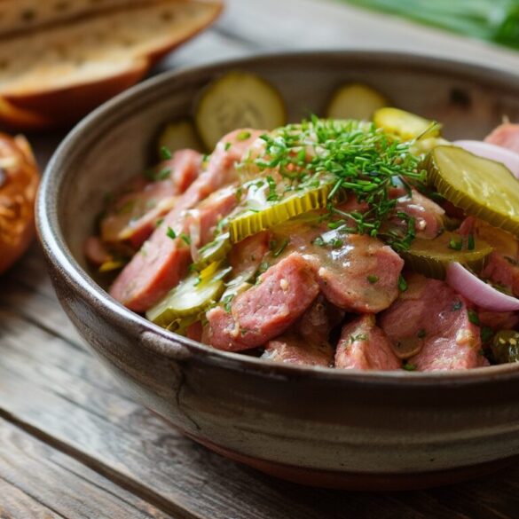 Schwäbischer Wurstsalat mit Fleischwurst, Zwiebelringen und Schnittlauch in einer Schüssel, dazu eine Brezel