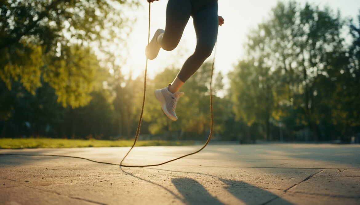 Junge Frau springt beim Ausdauertraining im Park mit einem Springseil