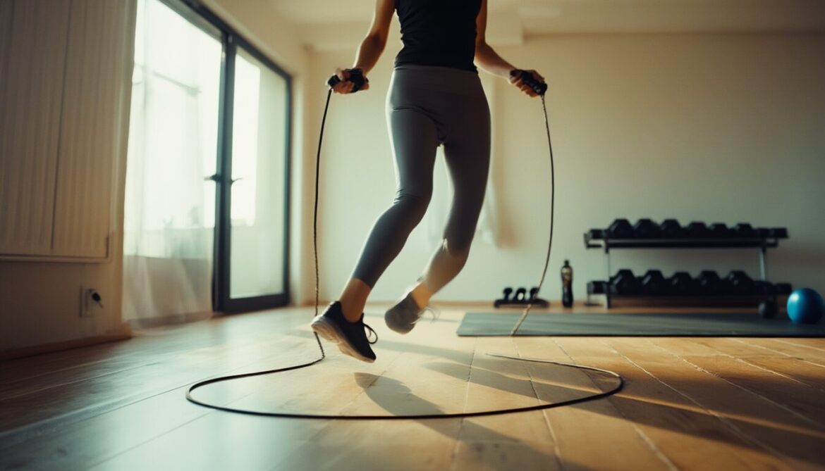 Frau springt in einem hellen Home-Gym Seil, das Springseil ist in der Bewegung unscharf