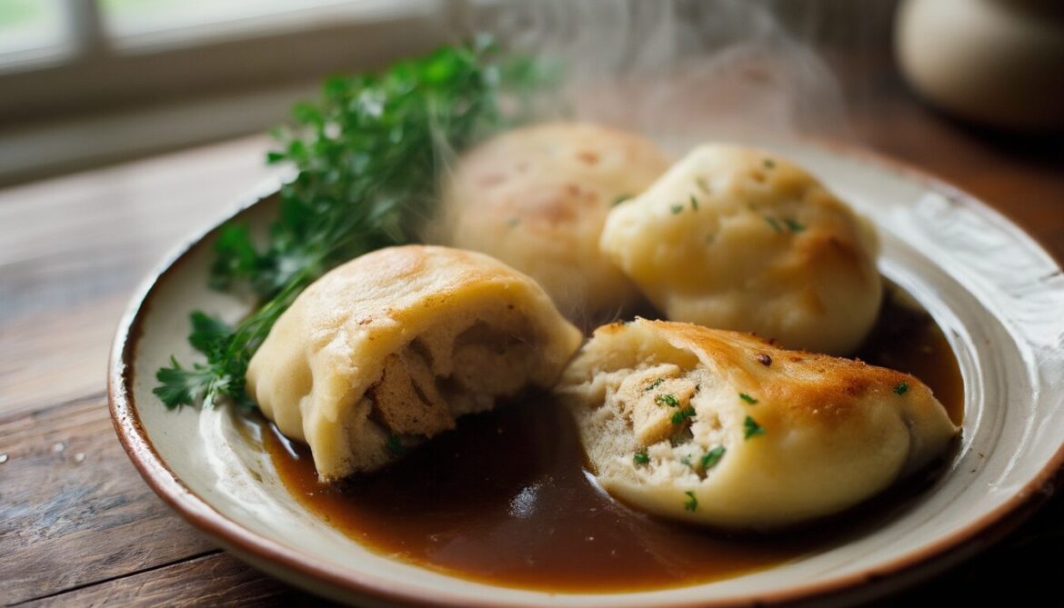 Frisch gegarte Semmelknödel auf einem Teller, ein Knödel aufgeschnitten mit lockerer Innenseite, daneben dunkle Bratensauce
