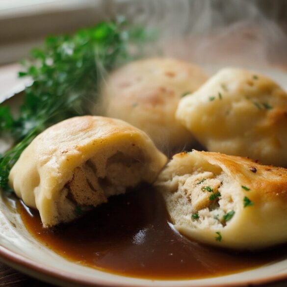 Semmelknödel selber machen: locker aus altbackenen Brötchen Frisch gegarte Semmelknödel auf einem Teller, ein Knödel aufgeschnitten mit lockerer Innenseite, daneben dunkle Bratensauce