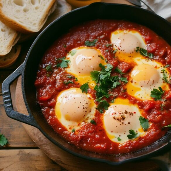 Shakshuka in gusseiserner Pfanne: pochierte Eier mit flüssigem Eigelb in würziger Tomatensauce, bestreut mit frischer Petersilie.