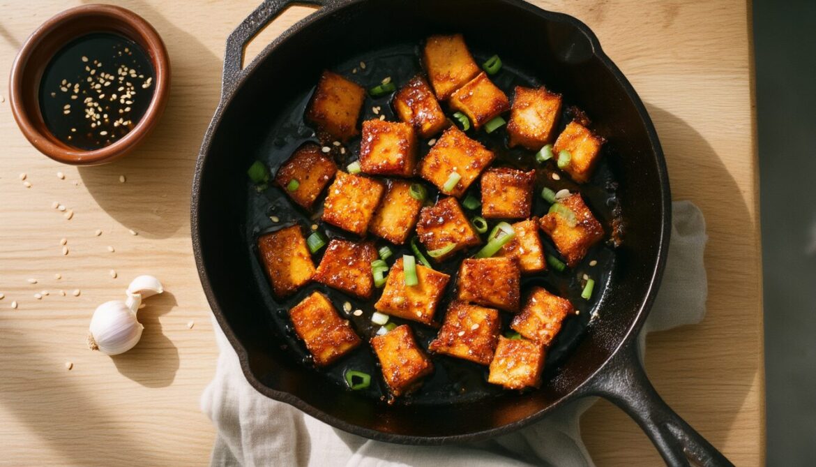 Knusprig gebratene, marinierte Tempeh-Streifen in einer Gusseisenpfanne mit Sesam, Frühlingszwiebeln und einer Schale Marinade