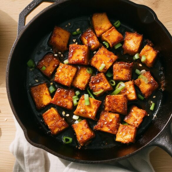 Knusprig gebratene, marinierte Tempeh-Streifen in einer Gusseisenpfanne mit Sesam, Frühlingszwiebeln und einer Schale Marinade