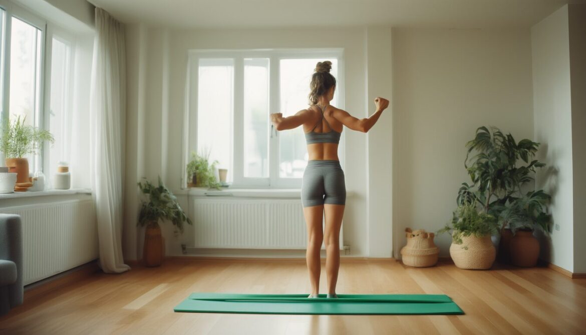 Frau macht zuhause auf einer Matte ein Ganzkörper-Workout mit einem grünen Theraband