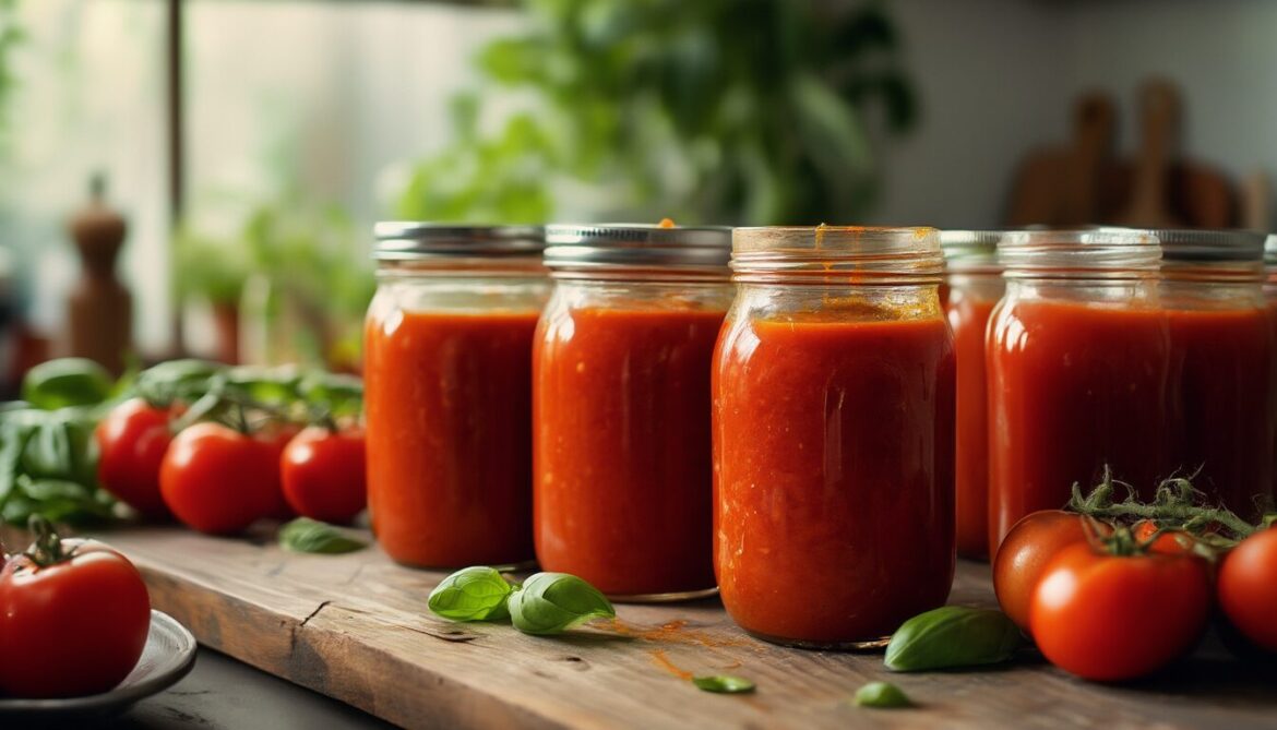 Eingekochte Tomatensauce in Einmachgläsern auf einem Holztisch, umgeben von frischen Tomaten und Basilikum
