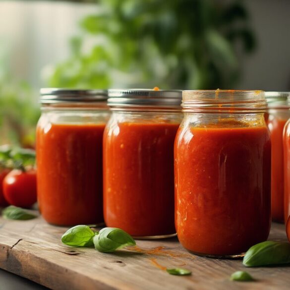 Eingekochte Tomatensauce in Einmachgläsern auf einem Holztisch, umgeben von frischen Tomaten und Basilikum