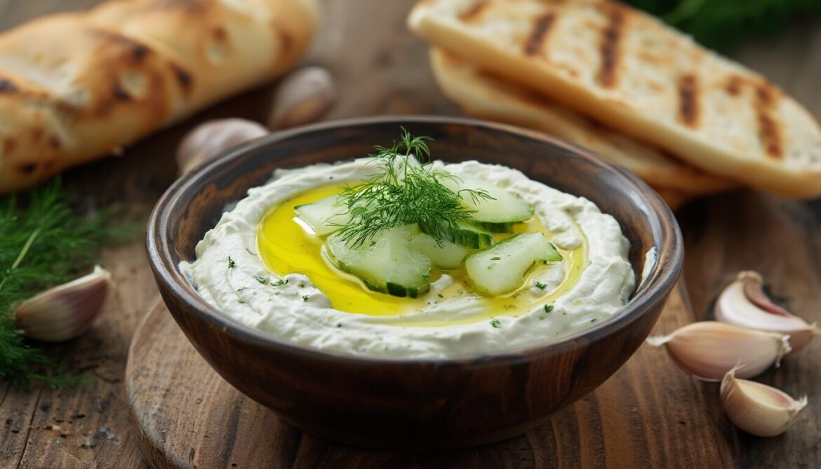 Schüssel mit cremigem selbstgemachtem Tzatziki, garniert mit Dill und Olivenöl, daneben Fladenbrot