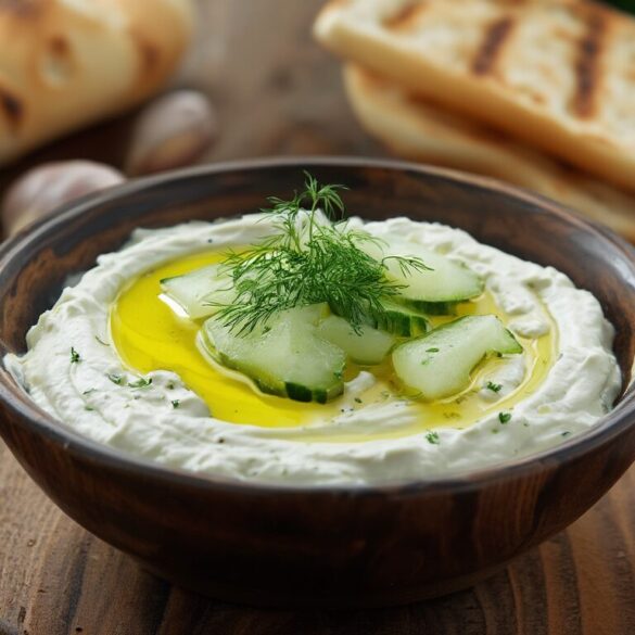 Tzatziki selber machen: Original griechisches Rezept Schüssel mit cremigem selbstgemachtem Tzatziki, garniert mit Dill und Olivenöl, daneben Fladenbrot