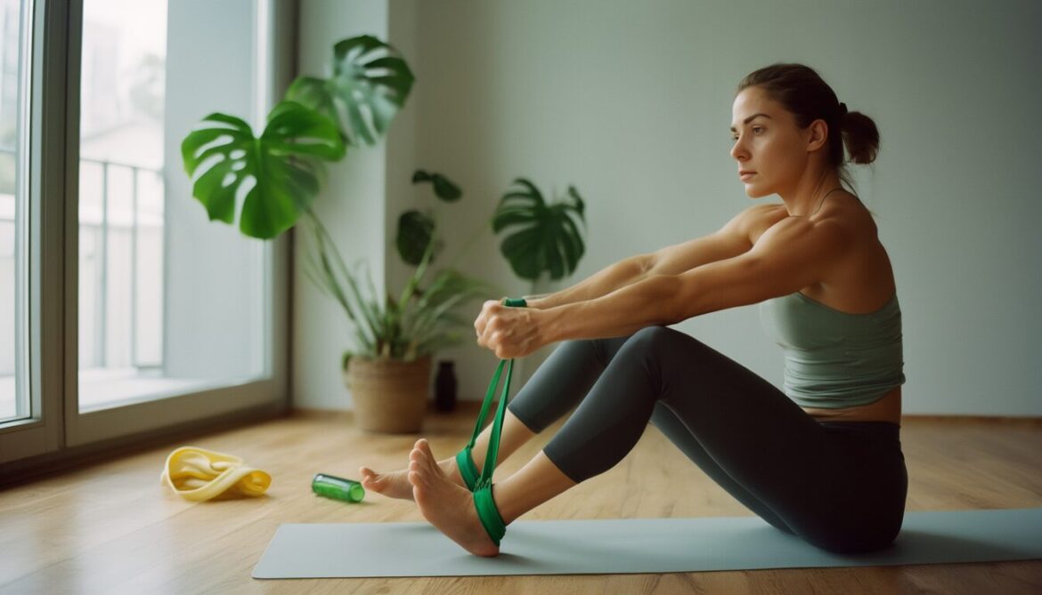 Frau sitzt auf einer Gymnastikmatte im Wohnzimmer und zieht ein grünes Theraband beim Rudern im Sitzen zum Bauch