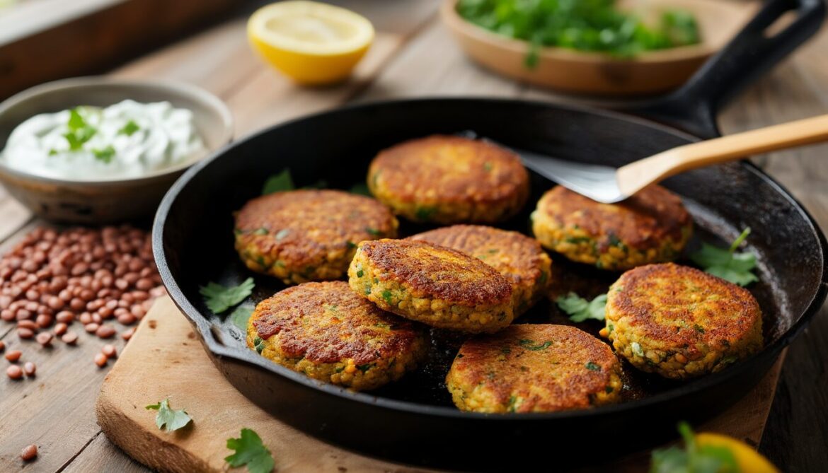 Goldbraun gebratene vegane Linsenbratlinge aus roten Linsen in einer gusseisernen Pfanne, daneben Kräuterdip und Petersilie