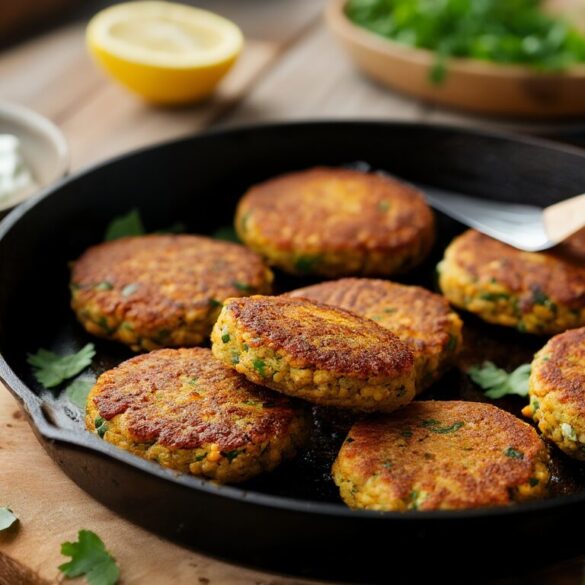 Vegane Linsenbratlinge: knusprig und saftig statt Frikadellen Goldbraun gebratene vegane Linsenbratlinge aus roten Linsen in einer gusseisernen Pfanne, daneben Kräuterdip und Petersilie