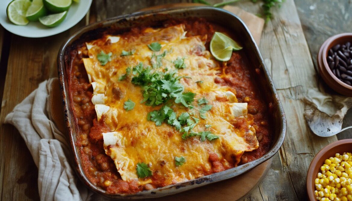 Vegetarische Enchiladas mit Bohnen und geschmolzenem Käse in einer Auflaufform, garniert mit Koriander