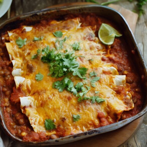 Vegetarische Enchiladas mit Bohnen und geschmolzenem Käse in einer Auflaufform, garniert mit Koriander