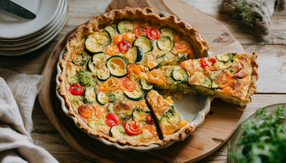 Frisch gebackene vegetarische Gemüsequiche mit buntem Gemüse und knusprigem Boden in einer Tarteform, ein Stück angeschnitten